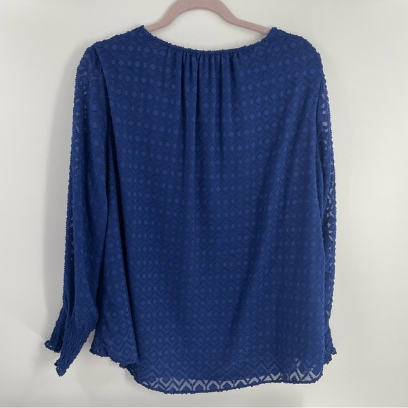Ryan Wythe Lace Overlay Keyhole Bishop Sleeve Royal Blue Pullover Top - Picture 6 of 8